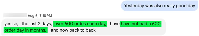 Client message: over 600 orders each day